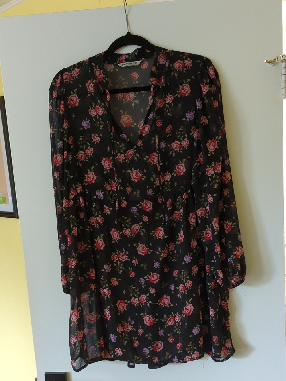 stradivarius Black Long Sleeve Dress with Pink and Purple Roses